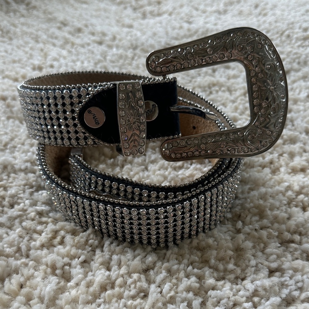 BHW Silver Crystal Embellished Women's Belt Genuine Leather Western Show Medium